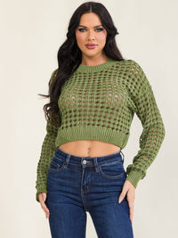 WOMEN'S LONG SLEEVE KNITTED PULLOVER CROP SWEATER
