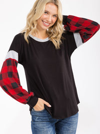 WOMEN'S LONG SLEEVE COLORBLOCK PLAID LOOSE FIT TOP