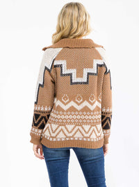 WOMEN'S LONG SLEEVE ZIPPER CLOSURE FRONT POCKETS PRINTED KNIT SWEATER