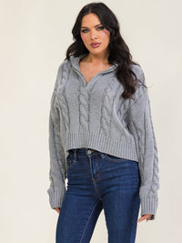 WOMEN'S LONG SLEEVE ZIP UP CABLE KNIT PULLOVER SWEATER