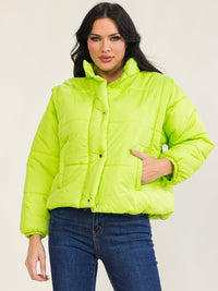 WOMEN'S DETACHABLE LONG SLEEVE BUTTON UP FRONT POCKETS PUFFER VEST JACKET