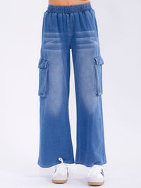 WOMEN'S ELASTIC WAIST CARGO POCKETS WIDE LEG WASHED DENIM PANTS
