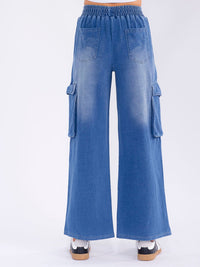 WOMEN'S ELASTIC WAIST CARGO POCKETS WIDE LEG WASHED DENIM PANTS