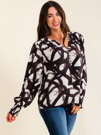 ENTRO WOMEN'S LONG SLEEVE V-NECK BUTTON UP MULTI PRINT BLOUSE