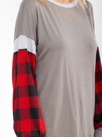WOMEN'S LONG SLEEVE COLORBLOCK PLAID LOOSE FIT TOP