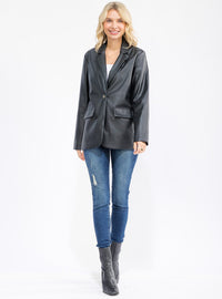 WOMEN'S LONG SLEEVE BUTTON CLOSURE PU PLEATHER BLAZER