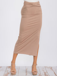 WOMEN'S ELASTIC WAIST FRONT KNOT RIBBED MIDI SKIRT