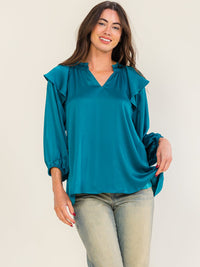 ENTRO WOMEN'S 3/4 SLEEVE V-NECK RUFFLE BLOUSE