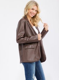 WOMEN'S LONG SLEEVE BUTTON CLOSURE PU PLEATHER BLAZER