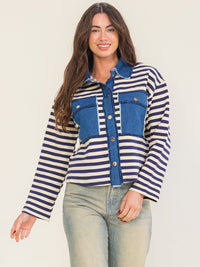 WOMEN'S LONG SLEEVE BUTTON UP FRONT POCKETS DENIM CONTRAST STRIPES SHACKET