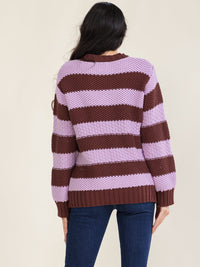 WOMEN'S LONG SLEEVE COLORBLOCK STRIPES KNIT PULLOVER SWEATER