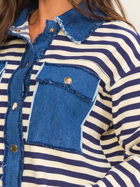 WOMEN'S LONG SLEEVE BUTTON UP FRONT POCKETS DENIM CONTRAST STRIPES SHACKET