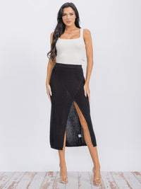 WOMEN'S ELASTIC WAIST SURPLICE KNIT MIDI SKIRT