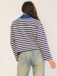 WOMEN'S LONG SLEEVE BUTTON UP FRONT POCKETS DENIM CONTRAST STRIPES SHACKET