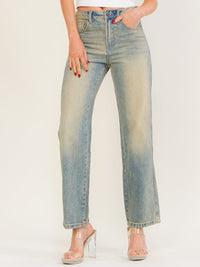 WOMEN'S BUTTON CLOSURE POCKETS STRAIGHT LEG DENIM WASHED PANTS