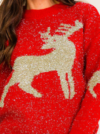 WOMEN'S LONG SLEEVE HOLIDAY PRINT SHIMMER PULLOVER SWEATER