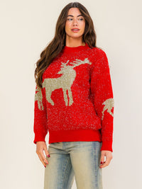WOMEN'S LONG SLEEVE HOLIDAY PRINT SHIMMER PULLOVER SWEATER