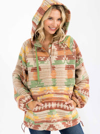 WOMEN'S LONG SLEEVE ZIP UP FRONT POCKETS MULTI PRINT HOODED PULLOVER SWEATER