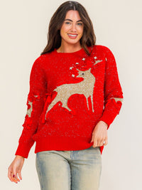 WOMEN'S LONG SLEEVE HOLIDAY GRAPHIC SHIMMER PULLOVER SWEATER