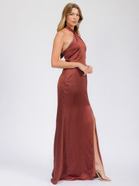 WOMEN'S SLEEVELESS HALTER NECK SIDE SLIT OPEN BACK MAXI GOWN DRESS
