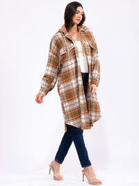 WOMEN'S LONG SLEEVE BUTTON UP POCKETS HOODED PLAID COAT