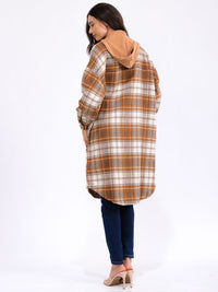 WOMEN'S LONG SLEEVE BUTTON UP POCKETS HOODED PLAID COAT