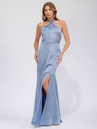 WOMEN'S SLEEVELESS HALTER NECK SIDE SLIT OPEN BACK MAXI GOWN DRESS