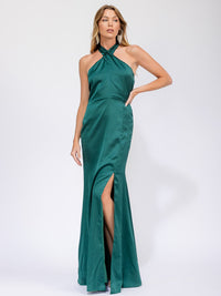 WOMEN'S SLEEVELESS HALTER NECK SIDE SLIT OPEN BACK MAXI GOWN DRESS