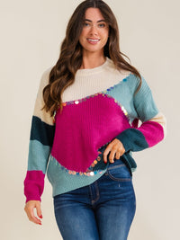 WOMEN'S LONG SLEEVE COLORBLOCK MULTI KNIT PULLOVER SWEATER