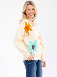 WOMEN'S LONG SLEEVE V-NECK FLORAL PRINT PULLOVER SWEATER