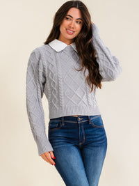 WOMEN'S LONG SLEEVE COLLAR PULLOVER CABLE KNIT SWEATER