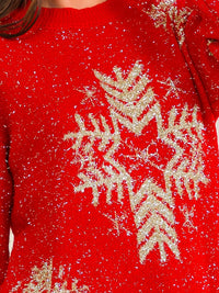 WOMEN'S LONG SLEEVE HOLIDAY PRINT SHIMMER PULLOVER SWEATER