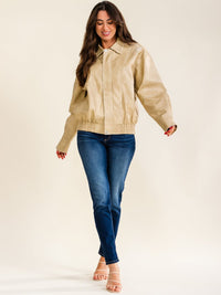 WOMEN'S LONG SLEEVE BUTTON CLOSURE ZIP UP FRONT POCKETS PU PLEATHER JACKET