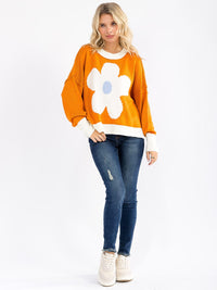 WOMEN'S LONG SLEEVE COLORBLOCK FLOWER PULLOVER KNIT SWEATER