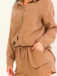 WOMEN'S LONG SLEEVE BUTTON UP TOP & ELASTIC WAIST MINI SHORTS 2PC. SET