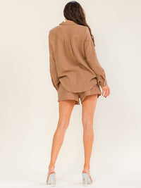 WOMEN'S LONG SLEEVE BUTTON UP TOP & ELASTIC WAIST MINI SHORTS 2PC. SET