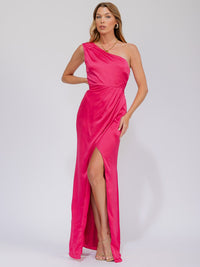 WOMEN'S SLEEVELESS ONE SHOULDER SURPLICE FRONT SLIT MAXI GOWN DRESS