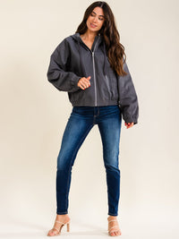 WOMEN'S LONG SLEEVE ZIP UP FRONT POCKETS HOODED DENIM JACKET