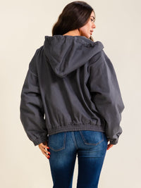 WOMEN'S LONG SLEEVE ZIP UP FRONT POCKETS HOODED DENIM JACKET