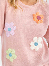 WOMEN'S SHORT SLEEVE FLOWERS KNIT BLOUSE