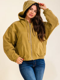 WOMEN'S LONG SLEEVE ZIP UP FRONT POCKETS HOODED DENIM JACKET