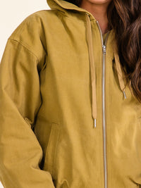 WOMEN'S LONG SLEEVE ZIP UP FRONT POCKETS HOODED DENIM JACKET