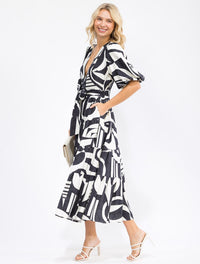 WOMEN'S SHORT PUFF SLEEVE ELASTIC WAIST SURPLICE SELF TIE TIERED PRINT MAXI DRESS