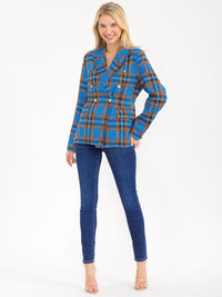 WOMEN'S LONG SLEEVE BUTTON CLOSURE FRONT POCKETS PLAID BLAZER