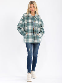 WOMEN'S LONG SLEEVE BUTTON UP FRONT POCKETS BACK PLAID SHACKET