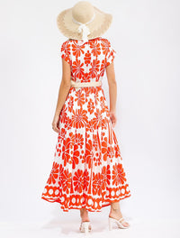 WOMEN'S SHORT SLEEVE V-NECK ELASTIC WAIST POCKETS BELTED FLORAL MAXI DRESS
