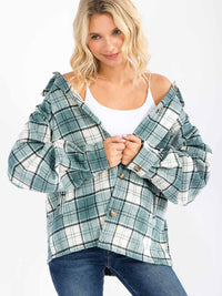 WOMEN'S LONG SLEEVE BUTTON UP FRONT POCKETS BACK PLAID SHACKET