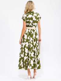 WOMEN'S SHORT SLEEVE V-NECK ELASTIC WAIST POCKETS BELTED PRINT MAXI DRESS