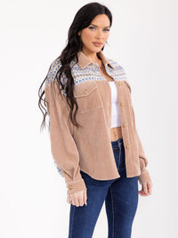 WOMEN'S LONG SLEEVE BUTTON CLOSURE FRONT POCKETS CONTRAST CORDUROY SHACKET