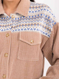 WOMEN'S LONG SLEEVE BUTTON CLOSURE FRONT POCKETS CONTRAST CORDUROY SHACKET